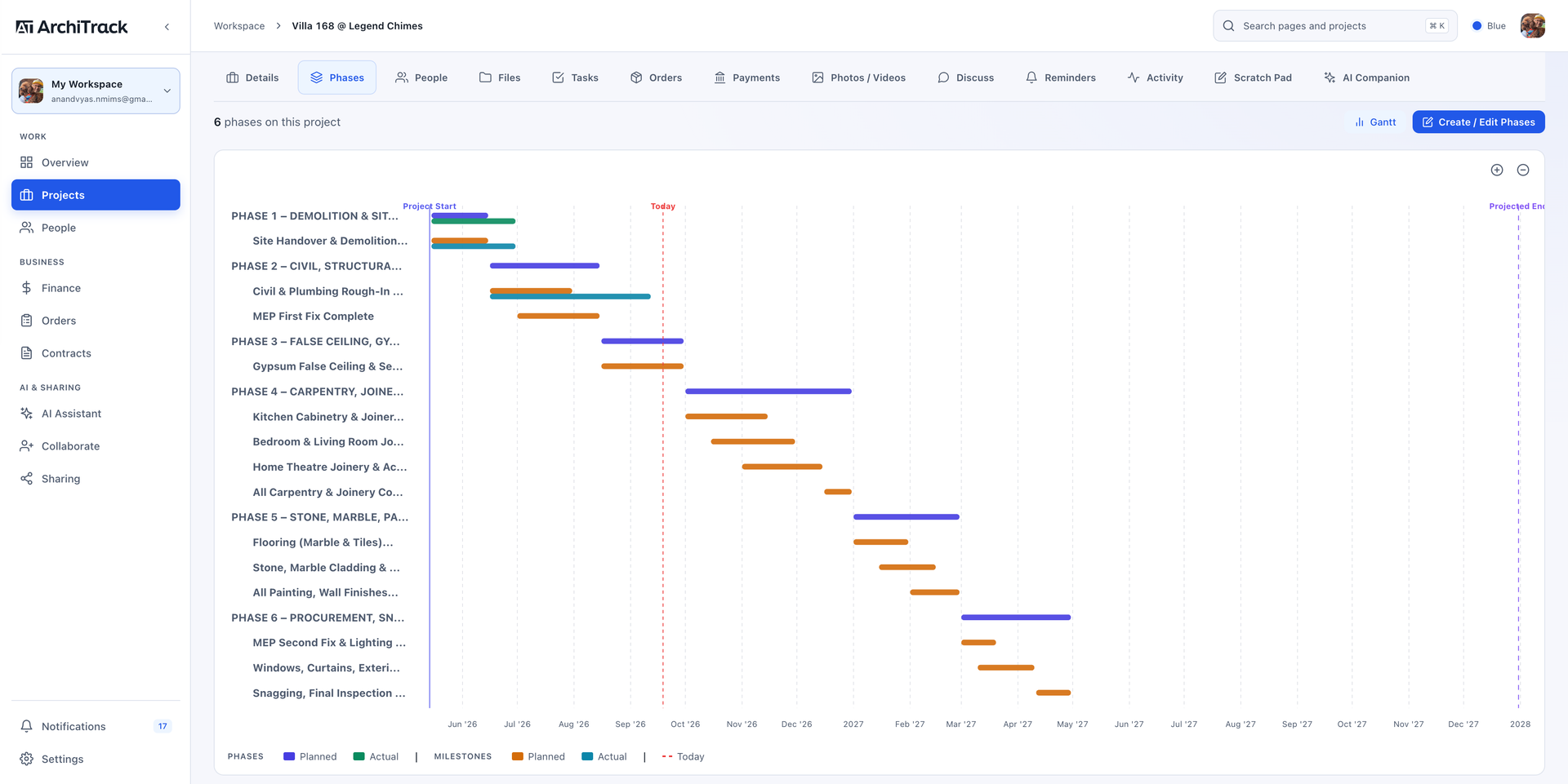 ArchiTrack Web: Project timeline & Gantt planning