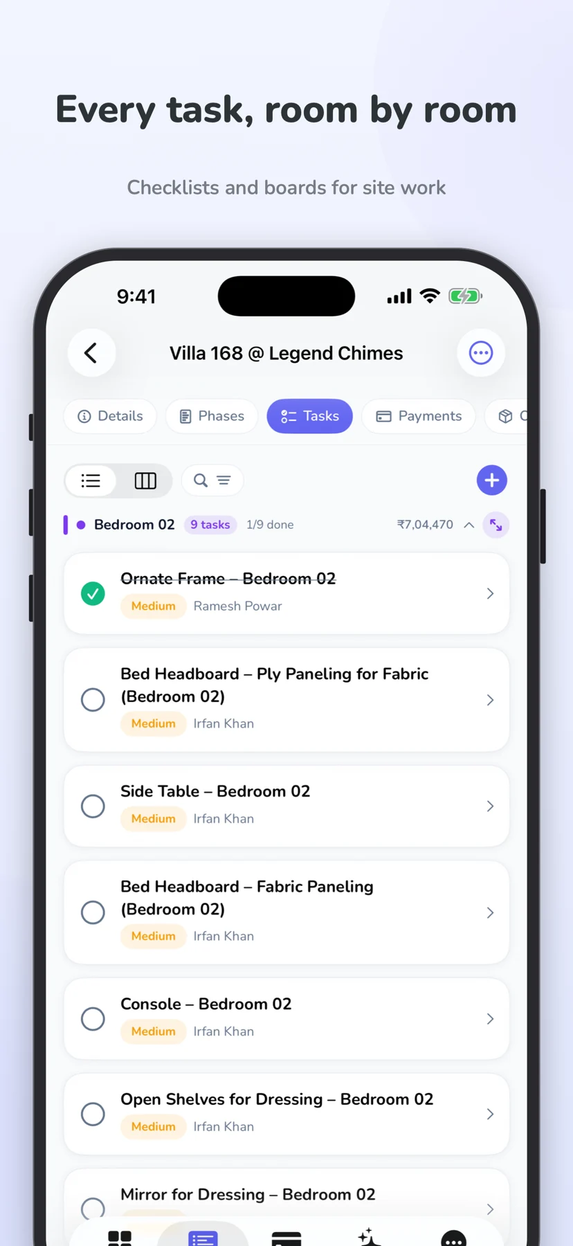 ArchiTrack iOS: Room-by-room tasks