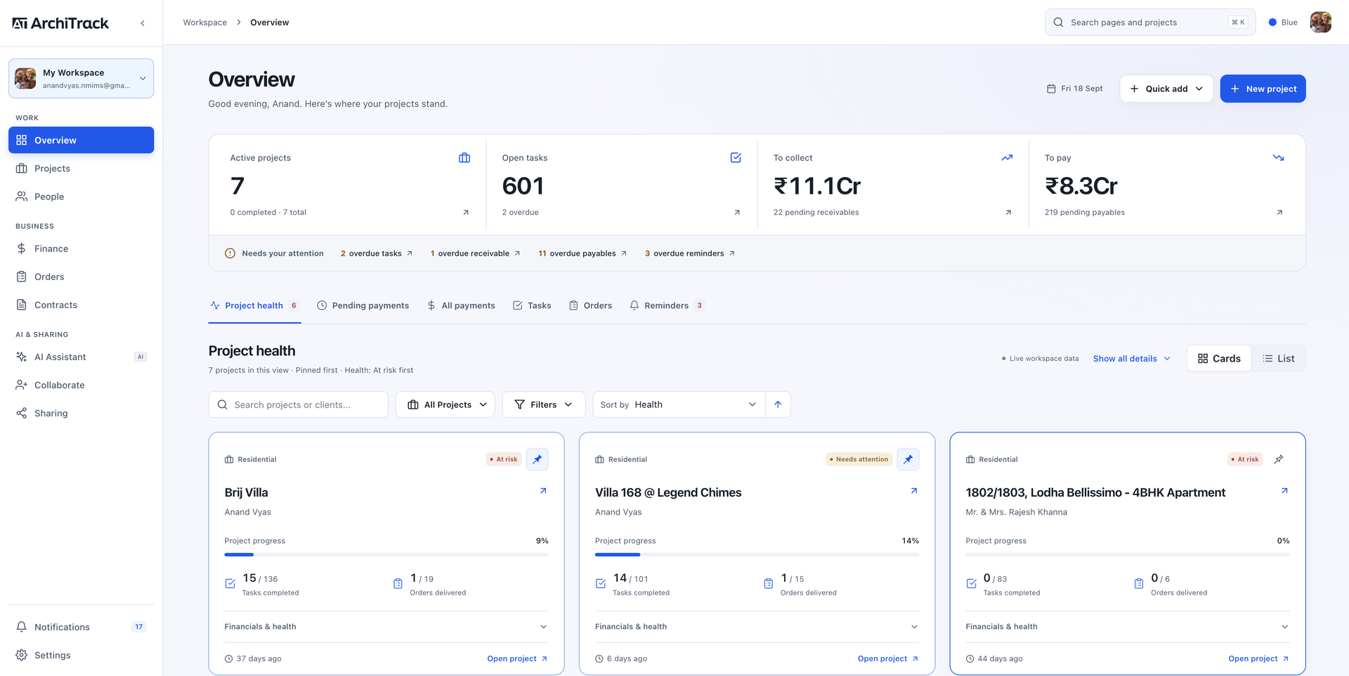 ArchiTrack web workspace overview